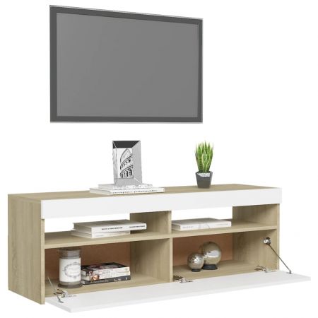 Comoda TV cu lumini LED, alb si stejar sonoma, 120 x 35 x 40 cm