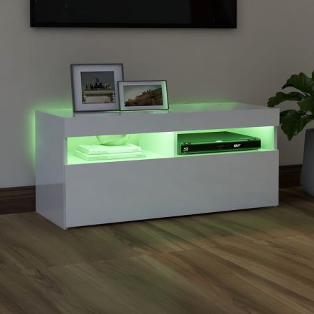 Comoda TV cu lumini LED, alb lucios, 90 x 35 x 40 cm