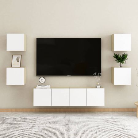 Dulap TV montaj pe perete, alb si stejar sonoma, 30.5 x 30 x 30 cm