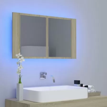 Dulap de baie cu oglinda si LED, stejar sonoma