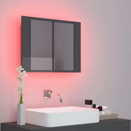 Dulap de baie cu oglinda/LED, gri lucios