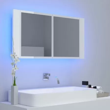 Dulap de baie cu oglinda si LED, alb lucios
