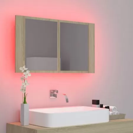 Dulap de baie cu oglinda si LED, stejar sonoma