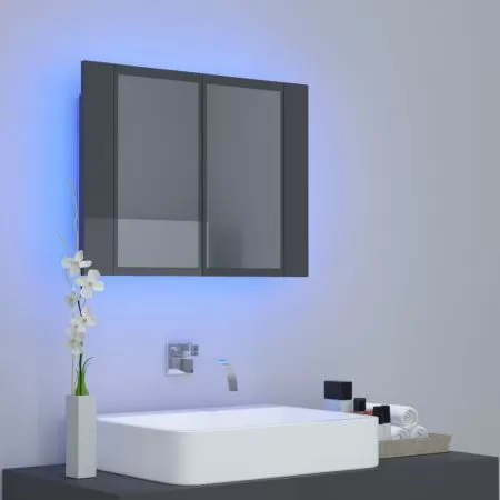 Dulap de baie cu oglinda/LED, gri lucios