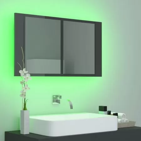 Dulap de baie cu oglinda si LED, gri lucios