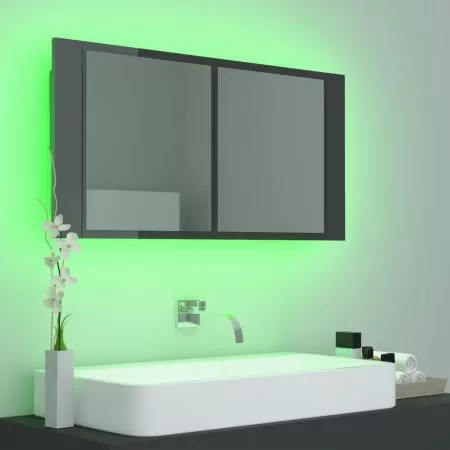 Dulap de baie cu oglinda si LED, gri lucios