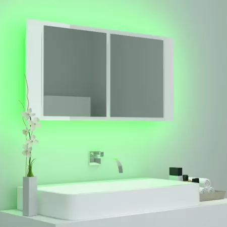 Dulap de baie cu oglinda si LED, alb lucios
