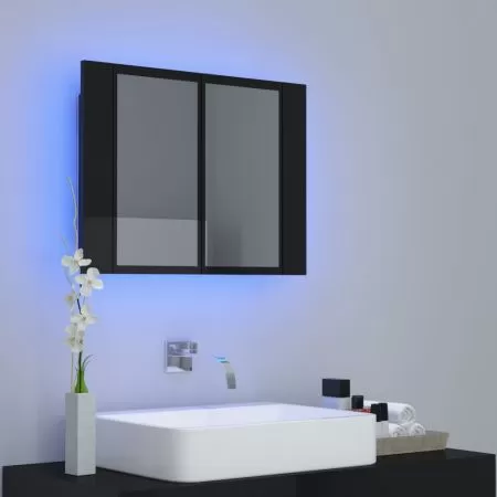 Dulap de baie oglinda/LED, negru lucios