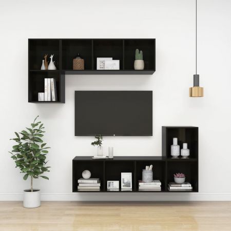 Dulap TV montat pe perete, negru lucios, 37 x 37 x 107 cm