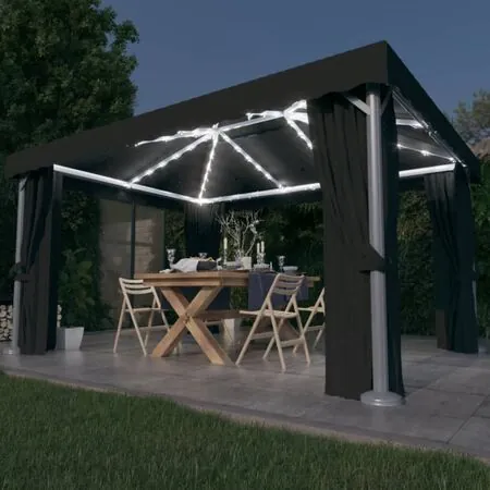  Pavilion cu perdele & șiruri lumini LED, antracit, 4x3 m