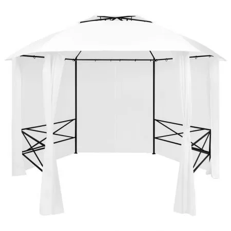 Pavilion de gradina cu perdele, alb, 360 x 312 x