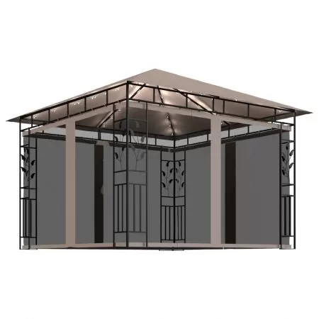Pavilion cu plasa anti-tantari&lumini LED, gri taupe, 3 x 3 x 2.73 m