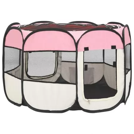 Țarc joacă pliabil câini cu sac de transport roz 90x90x58 cm