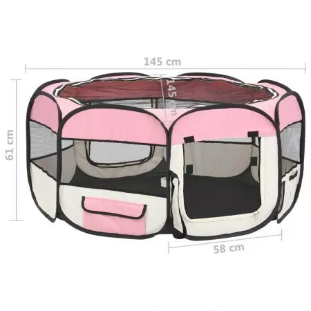 Țarc de câini pliabil cu sac de transport, roz, 145x145x61 cm