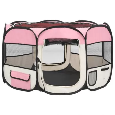 Țarc joacă pliabil câini cu sac de transport roz 110x110x58 cm