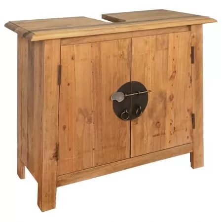 Set mobilier baie din lemn masiv de pin reciclat, maro
