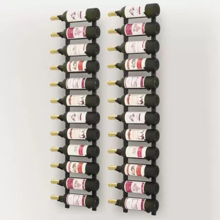 Suporturi vin montate pe perete, 12 sticle, 2 buc, negru, fier