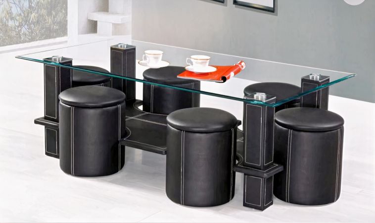 Set masa cafea cu 6 taburete, negru, 130x70x45 cm